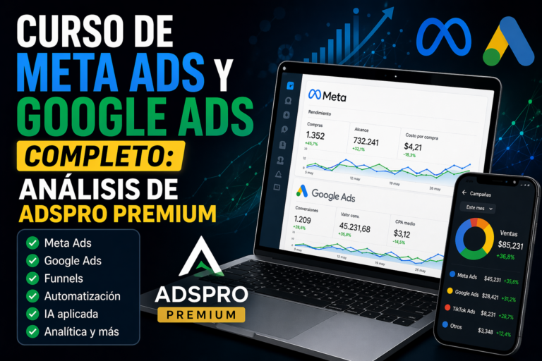 Curso de Meta Ads y Google Ads completo análisis de ADSPRO Premium con panel de métricas y publicidad digital