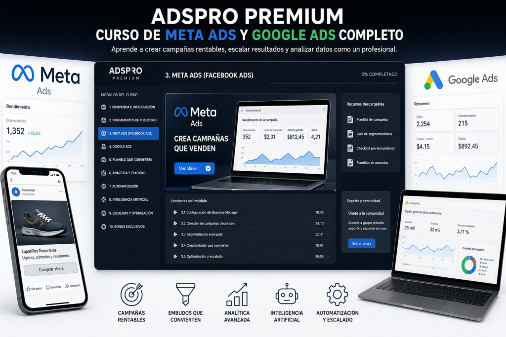 curso de Meta Ads y Google Ads completo ADSPRO Premium por dentro
