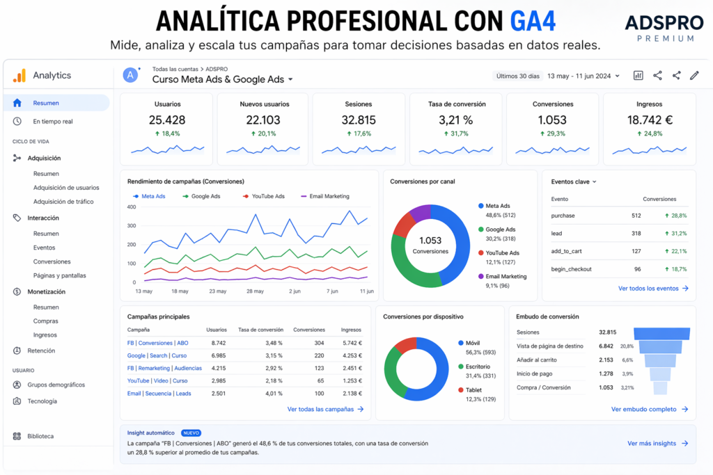 curso de Meta Ads y Google Ads completo analítica GA4 dashboards