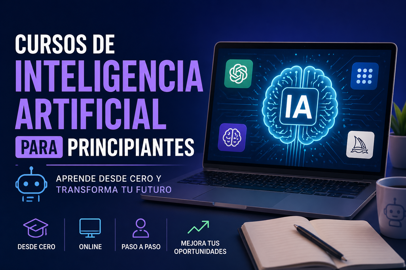 Cursos de inteligencia artificial para principiantes con portátil y concepto de IA para aprender desde cero online