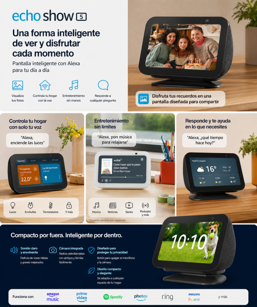 Echo Show 5 con pantalla mostrando control por voz de luces, reproducción de contenido multimedia y visualización de fotos en hogar inteligente
