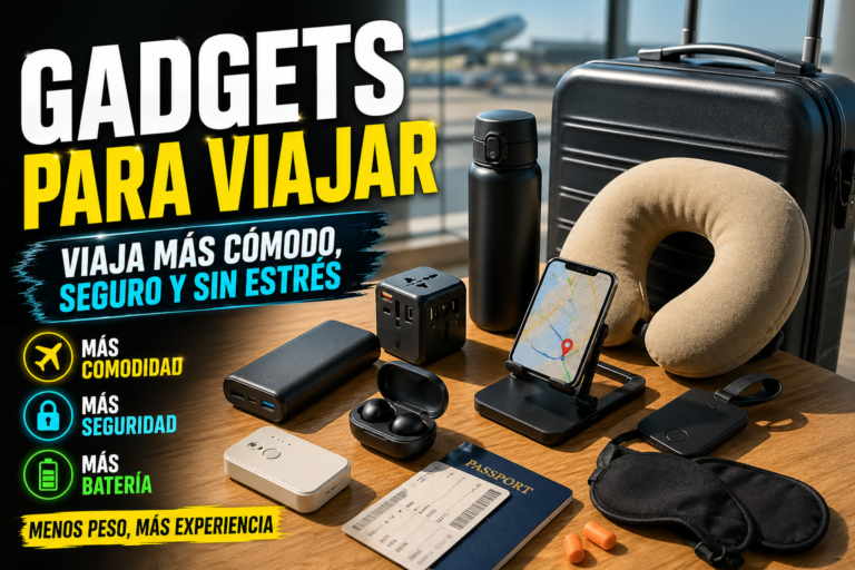 Gadgets para viajar con maleta, power bank, adaptador universal, auriculares y accesorios útiles para viajar cómodo y seguro