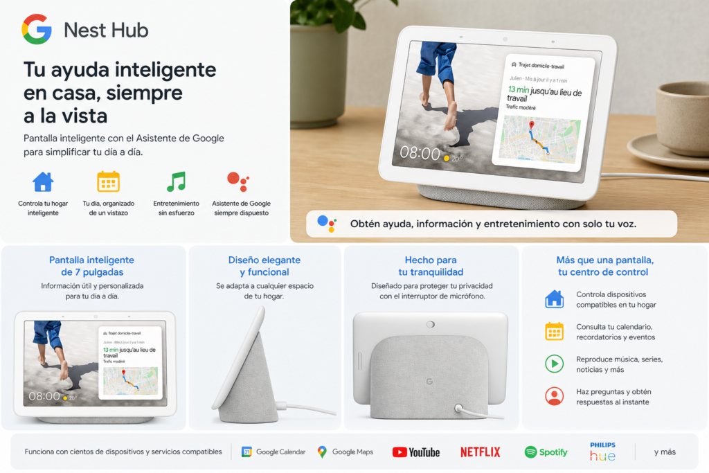 Google Nest Hub con pantalla inteligente mostrando información de tráfico, hora y control del hogar, vista frontal, lateral y trasera del dispositivo
