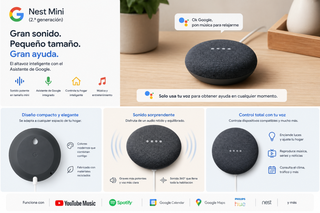 Google Nest Mini altavoz inteligente compacto con asistente de voz, vista superior y trasera mostrando diseño textil y conexión de alimentación