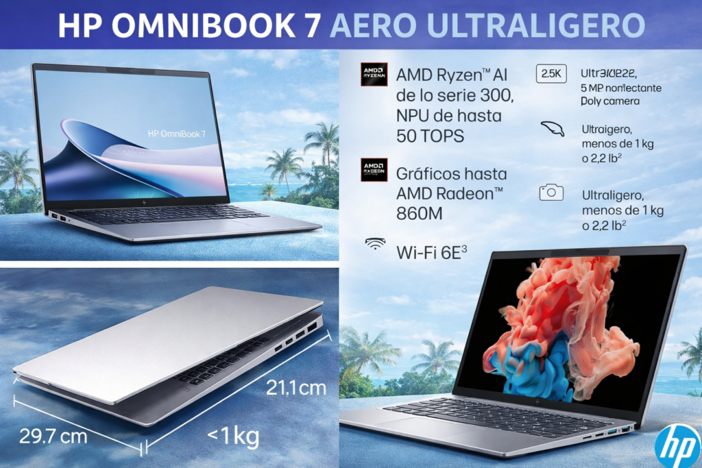 HP OmniBook Aero portátil ultraligero para viajar con Ryzen AI, menos de 1 kg y pantalla 2.5K