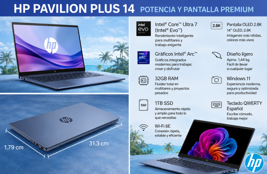 HP Pavilion Plus 14 con pantalla OLED, diseño ligero y alto rendimiento para productividad, multitarea y trabajo digital en movilidad