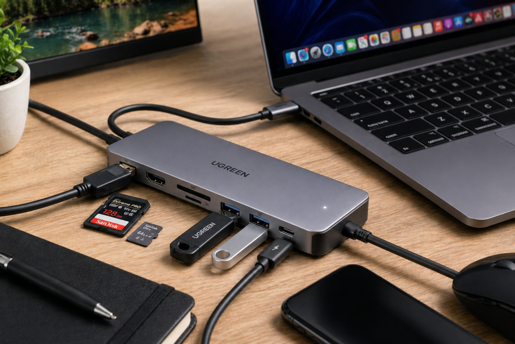 hub USB-C multipuerto para conectar dispositivos en escritorio