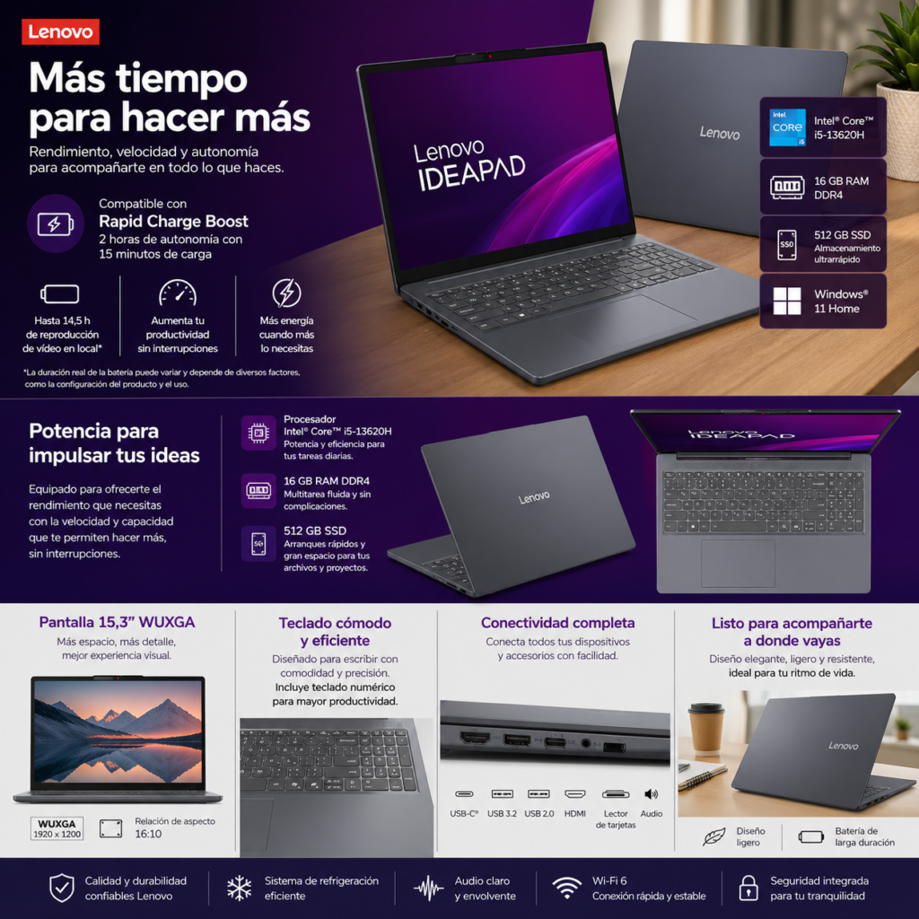 Portátil Lenovo IdeaPad con procesador Intel Core i7, 16 GB de RAM y diseño moderno enfocado en rendimiento, batería de larga duración y uso diario
