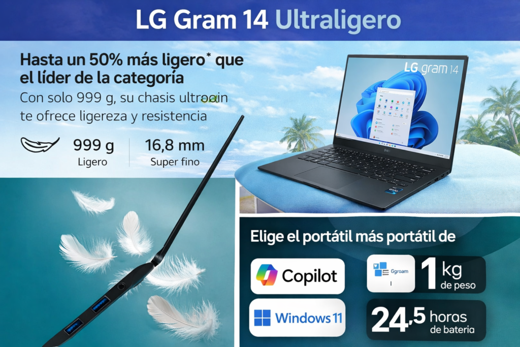 LG Gram 14 portatil ultraligero para viajar menos de 1 kg con gran bateria y diseño fino