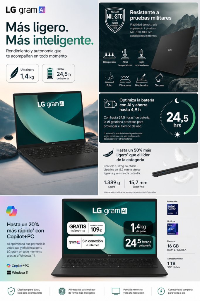 Collage LG Gram AI con características clave: batería de 24 horas, diseño ultraligero, resistencia militar y tecnología Copilot Plus PC