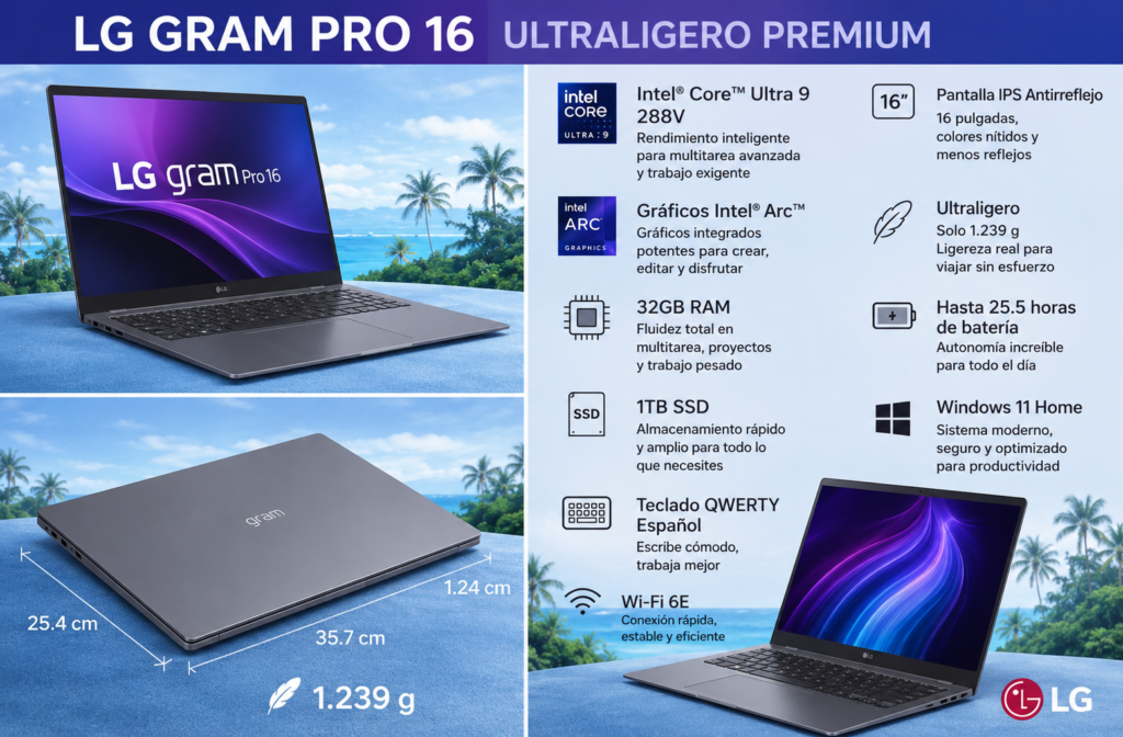 LG Gram Pro 16 con pantalla grande, diseño ultraligero y alto rendimiento para productividad, multitarea y trabajo digital en movilidad