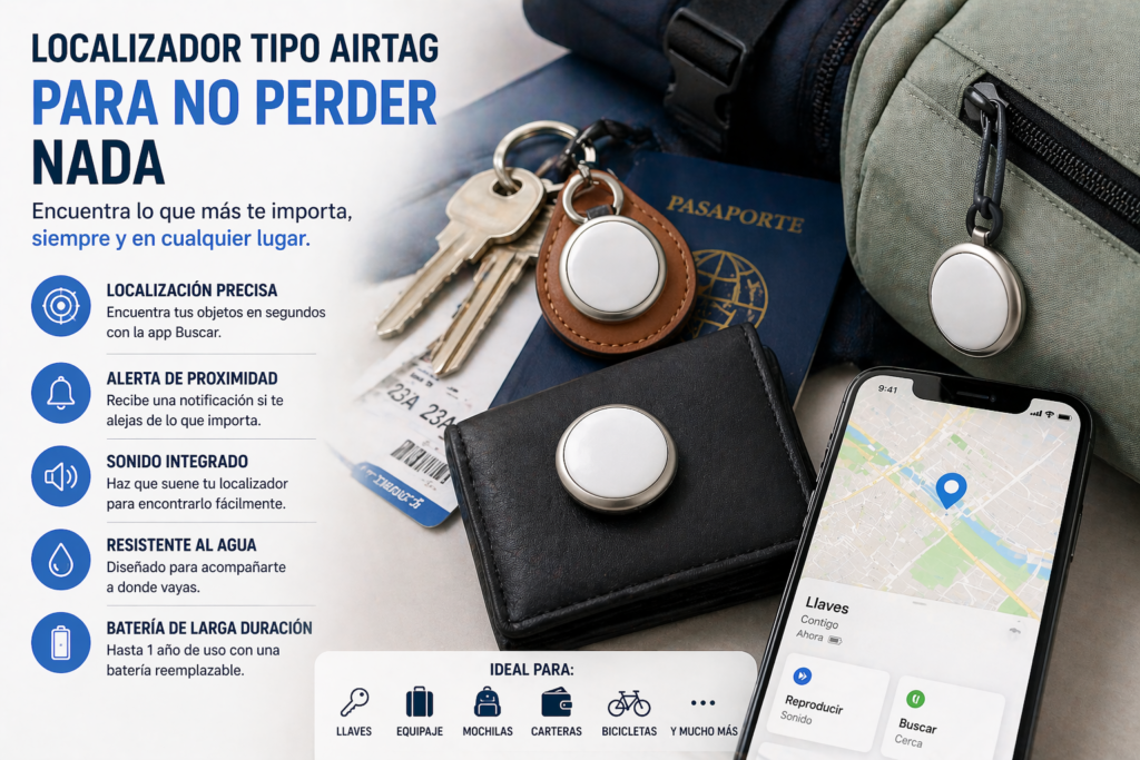Localizador tipo AirTag para no perder nada en viajes colocado en llaves mochila cartera o equipaje con rastreo desde móvil