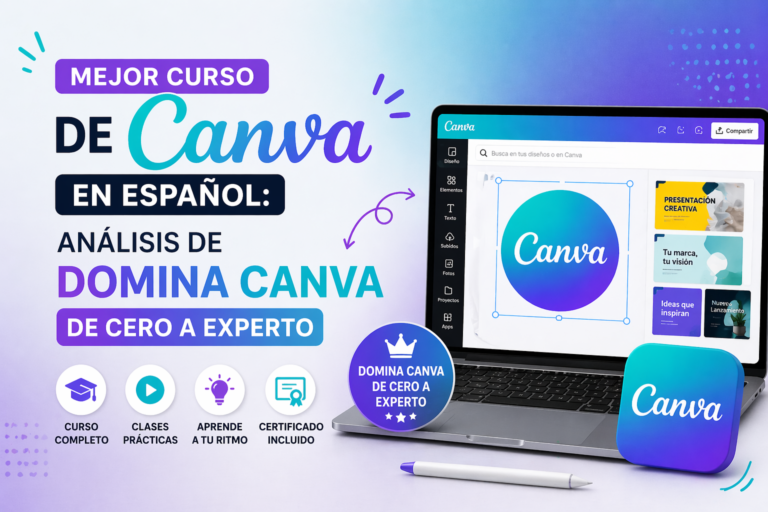 mejor curso de Canva en español con análisis de Domina Canva de cero a experto, mostrando portátil con interfaz de Canva y diseño moderno en tonos azul y morado.