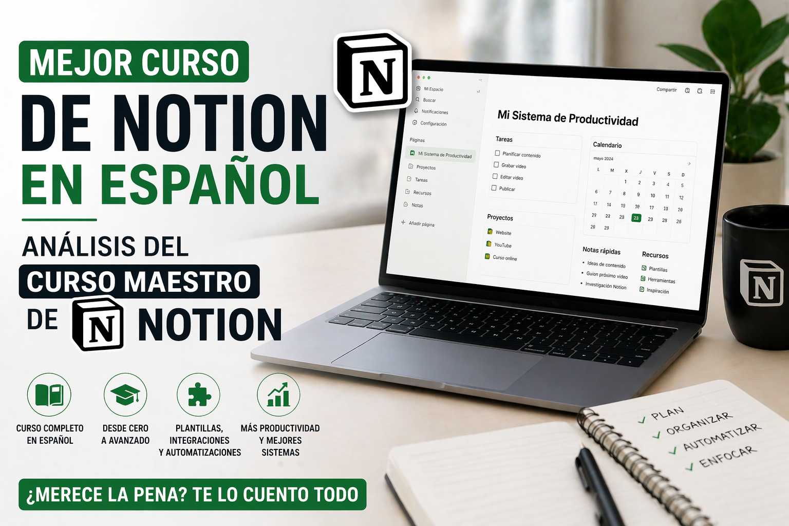 Mejor curso de Notion en español análisis del Curso Maestro de Notion con interfaz de productividad en portátil y espacio de trabajo moderno