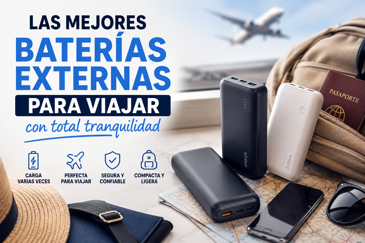 Baterías externas recomendadas para viajar y mantener móviles, tablets y otros dispositivos cargados durante desplazamientos y viajes largos.