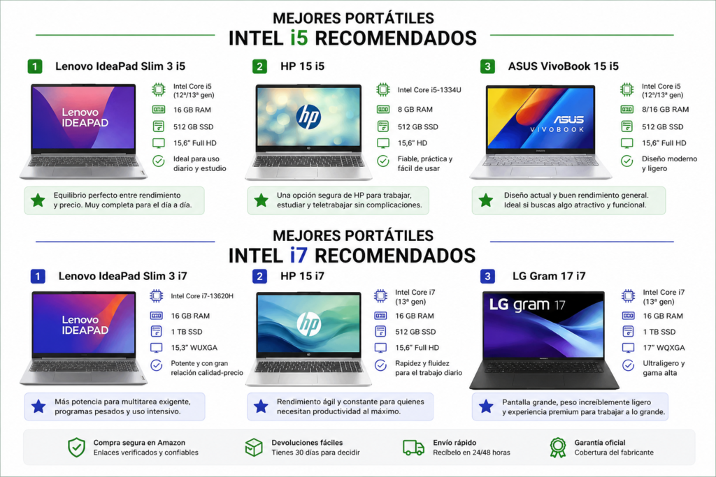 mejores portátiles Intel i5 e Intel i7 recomendados para trabajar, estudiar y uso diario