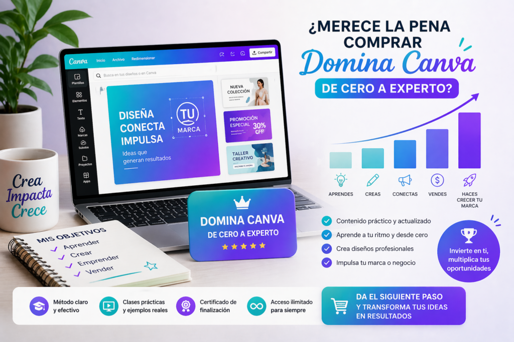Imagen promocional sobre si merece la pena comprar Domina Canva de cero a experto, con espacio de trabajo moderno, editor de diseño abierto, gráficos de crecimiento y elementos de branding profesional.
