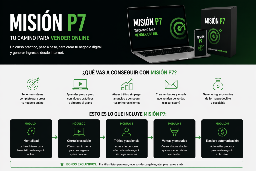 Misión P7 dashboard con módulos estrategia tráfico ventas embudos y sistema para vender online paso a paso