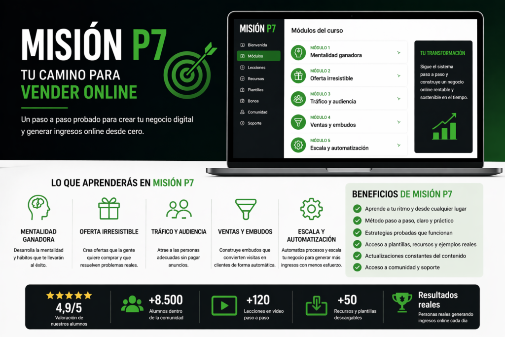Misión P7 con portátil moderno gráfico de crecimiento y sistema para vender online y generar ingresos desde internet