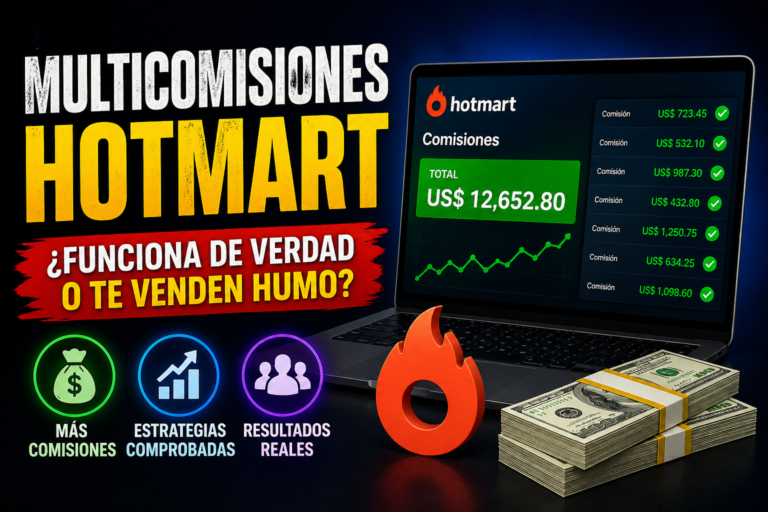 Multicomisiones Hotmart con portátil, panel de comisiones y análisis sobre si funciona de verdad o vende humo