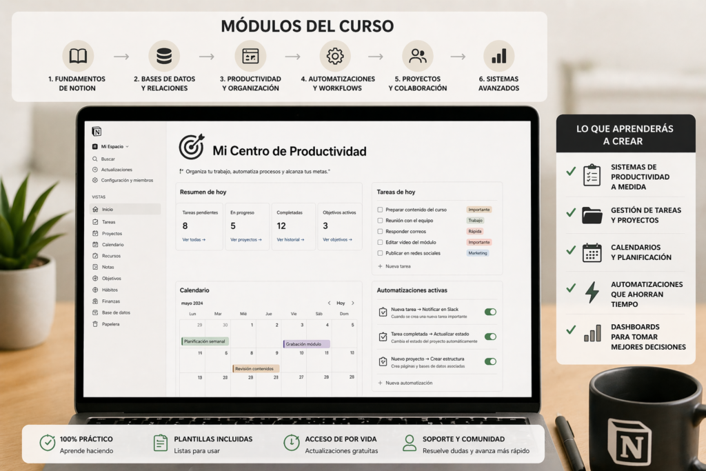 Mejor curso de Notion en español módulos productividad automatizaciones con dashboard de tareas calendario y sistemas en Notion