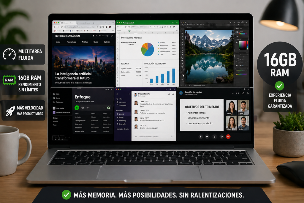 portátil con 16GB RAM funcionando con múltiples tareas abiertas de forma fluida y sin ralentizaciones