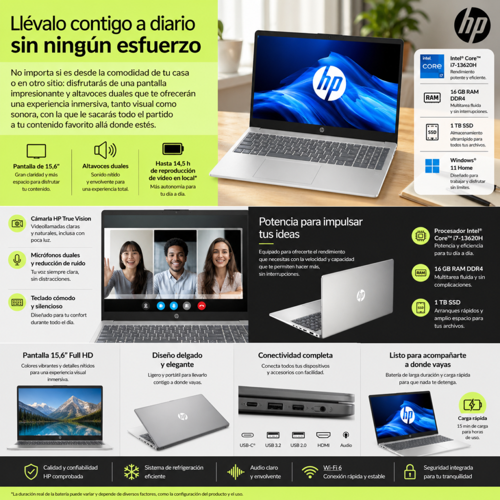 Portátil HP de 15,6 pulgadas con procesador Intel Core i7, 16 GB de RAM y SSD, diseñado para alto rendimiento, videollamadas y uso diario con buena autonomía