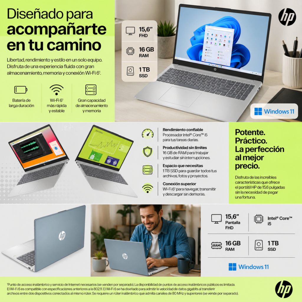 Portátil HP de 15,6 pulgadas con 16GB de RAM y 1TB SSD, diseño ligero con Windows 11 y alto rendimiento para trabajo y uso diario