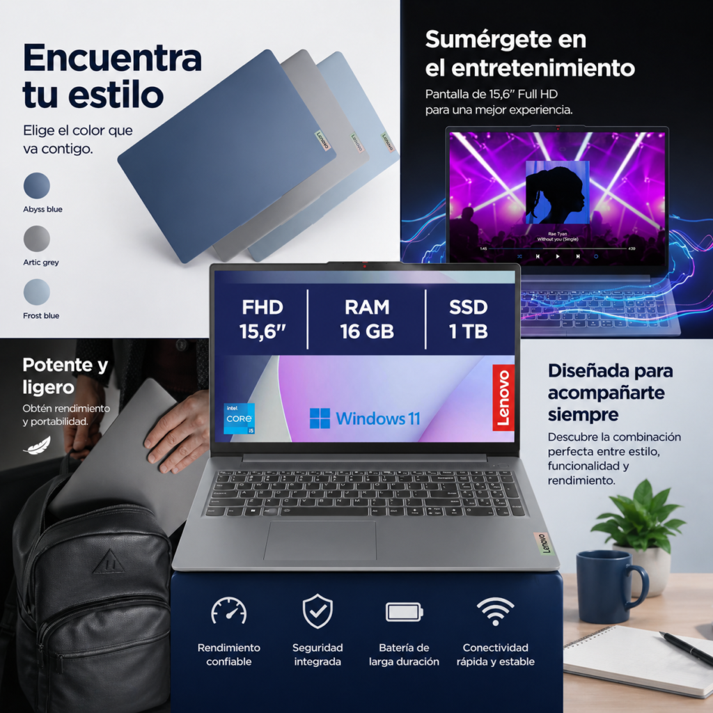 Portátil Lenovo 15,6 pulgadas con 16GB RAM y 1TB SSD, diseño ligero y potente con pantalla Full HD para trabajo y entretenimiento