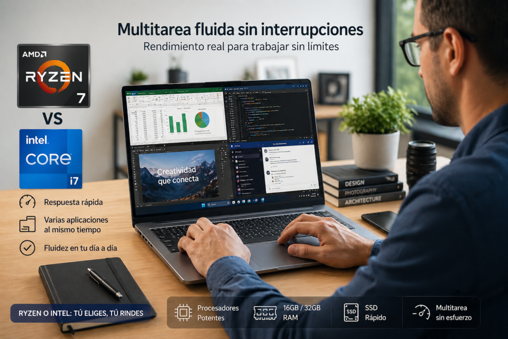 portátil Ryzen o Intel funcionando con multitarea fluida
