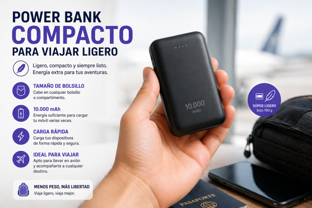Power bank compacto para viajar ligero con batería externa pequeña y carga rápida ideal para vuelos escapadas y uso diario