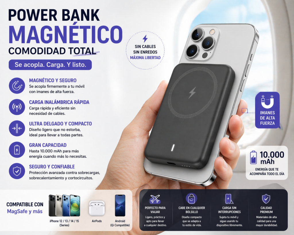 Power bank magnético con comodidad total batería externa inalámbrica acoplada al móvil ideal para viajar y cargar sin cables