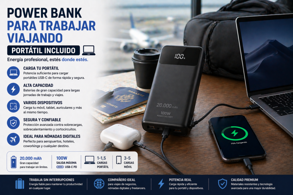 Power bank para trabajar viajando con carga para portátil móvil y tablet batería externa potente ideal para nómadas digitales