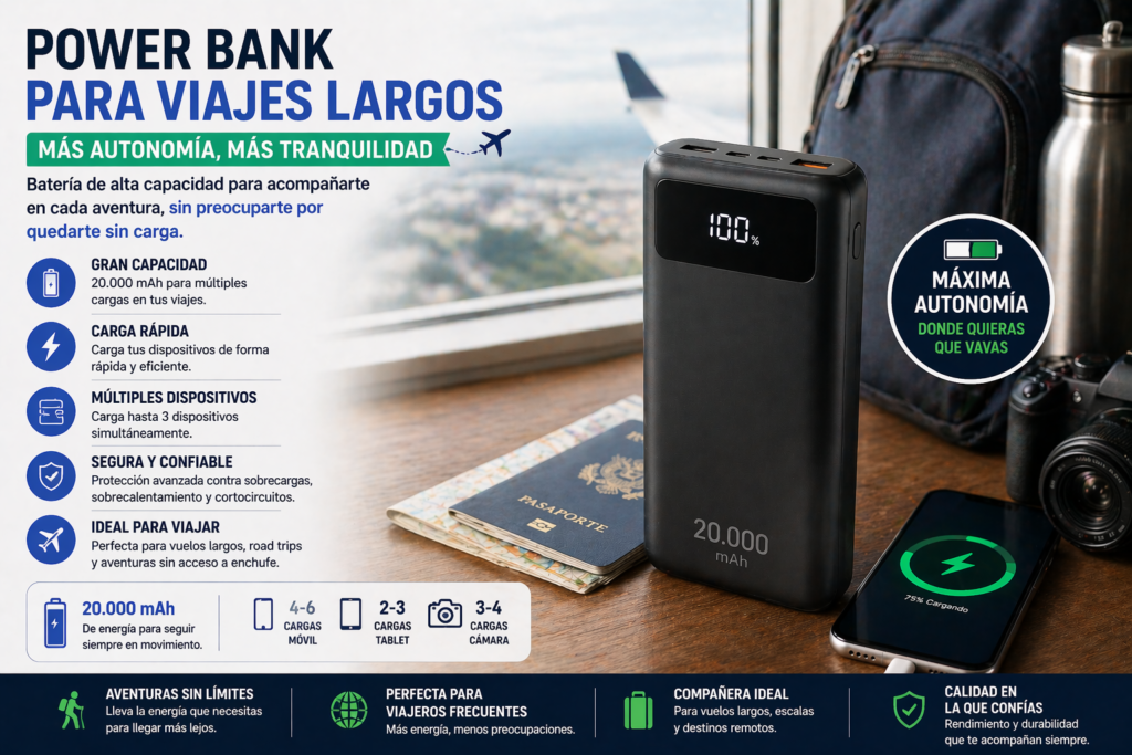 Power bank para viajes largos con más autonomía batería externa de alta capacidad ideal para vuelos rutas largas y varios dispositivos