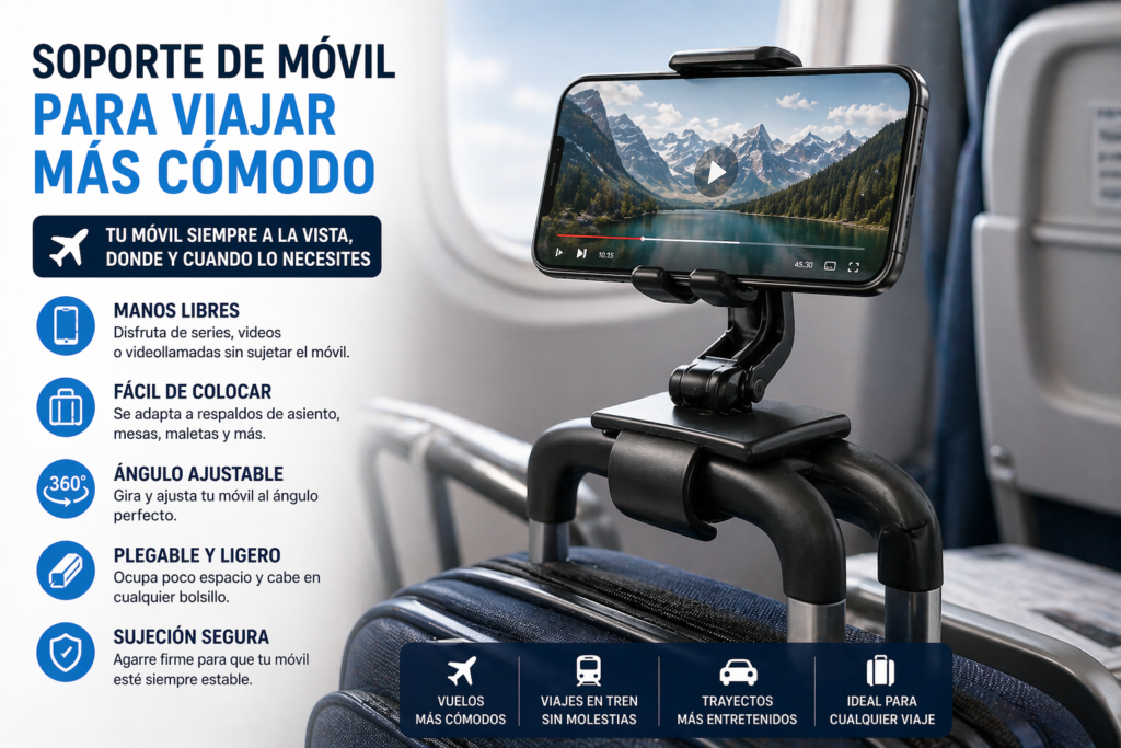 Soporte de móvil para viajar más cómodo con manos libres en avión tren o trayectos largos ajustable y compacto