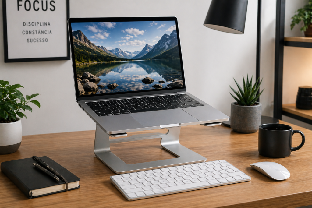 soporte para portátil ergonómico de aluminio en escritorio
