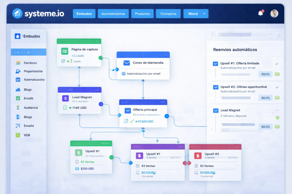 systeme.io opiniones embudo de ventas automatizado con emails y upsells marketing digital