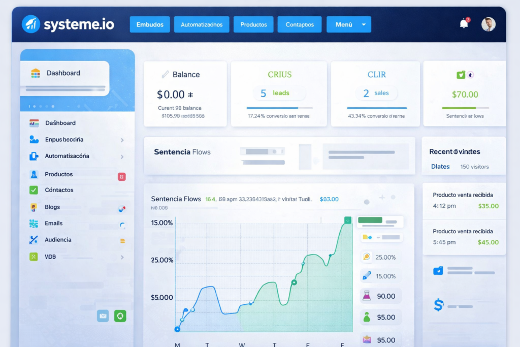 systeme.io opiniones panel de control con embudos y métricas de marketing digital