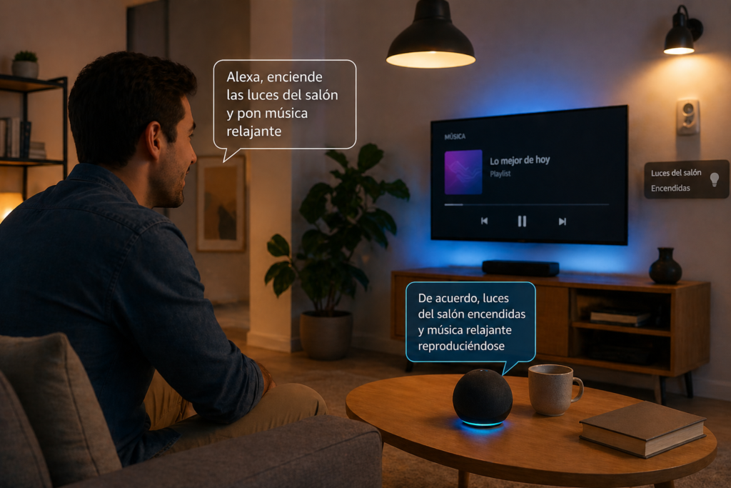 uso de Alexa o Google Home controlando dispositivos en casa