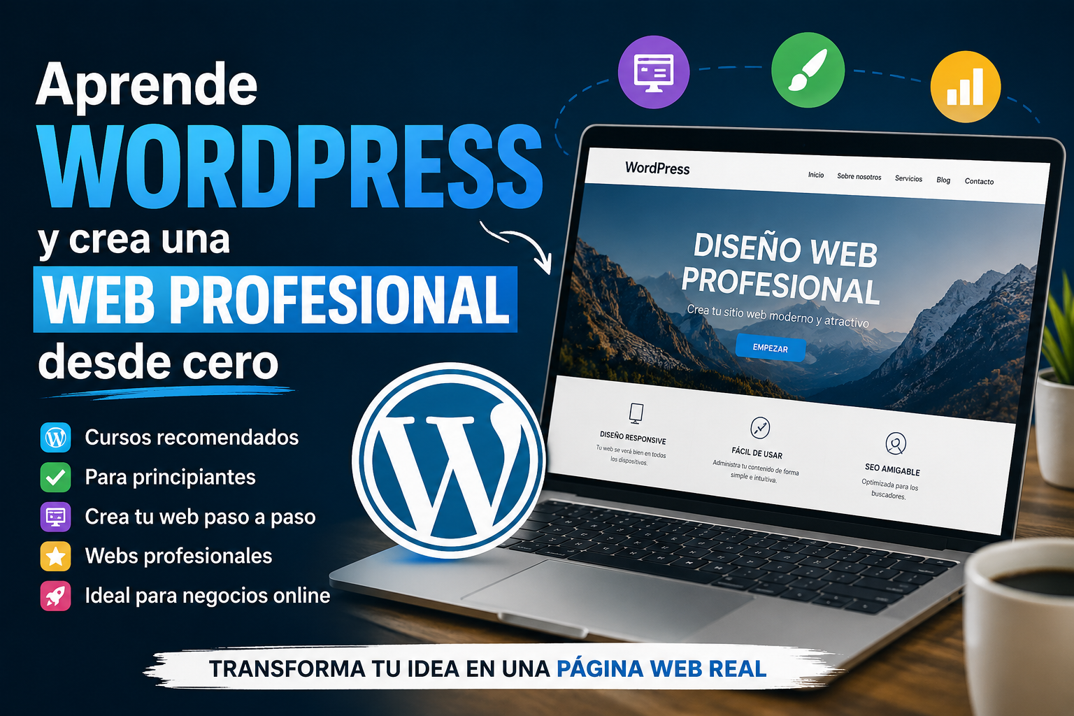 persona creando una página web profesional con WordPress desde cero en ordenador portátil