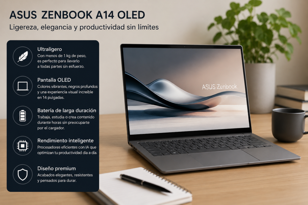 ASUS Zenbook A14 OLED sobre escritorio moderno mostrando diseño ligero, pantalla OLED de alta calidad y enfoque en productividad, trabajo online y movilidad.