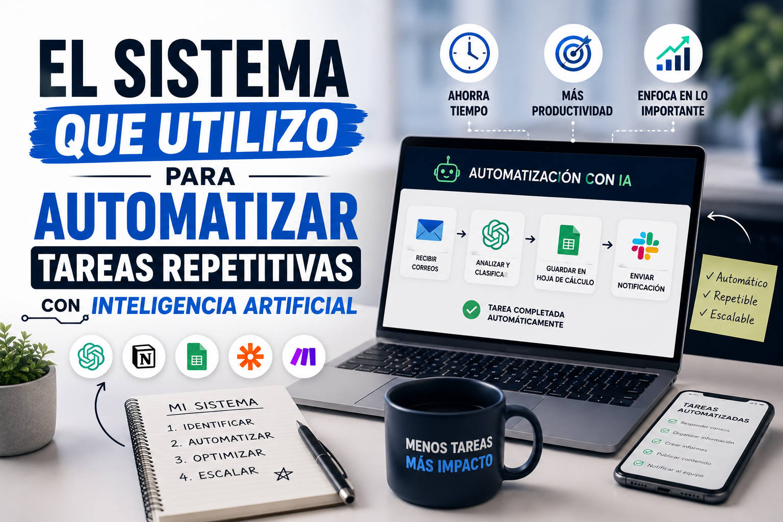 Sistema para automatizar tareas repetitivas con inteligencia artificial y mejorar la productividad ahorrando tiempo en el trabajo diario.