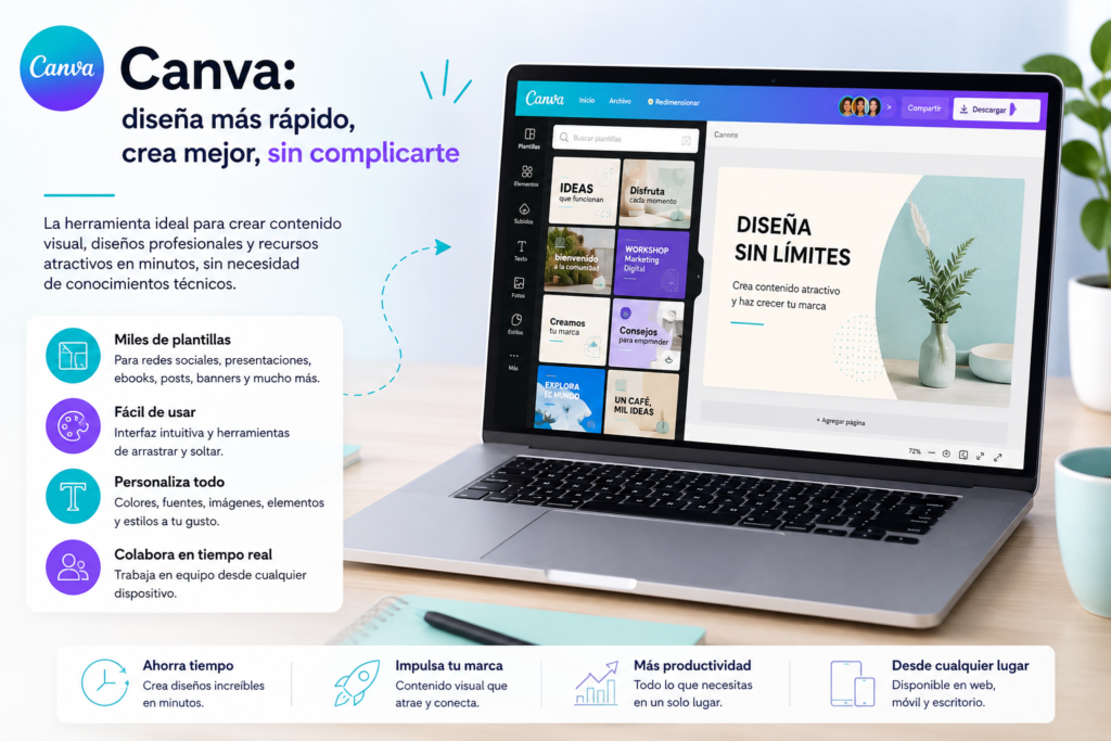 persona creando contenido visual y diseños profesionales en Canva desde ordenador portátil para trabajo digital y productividad