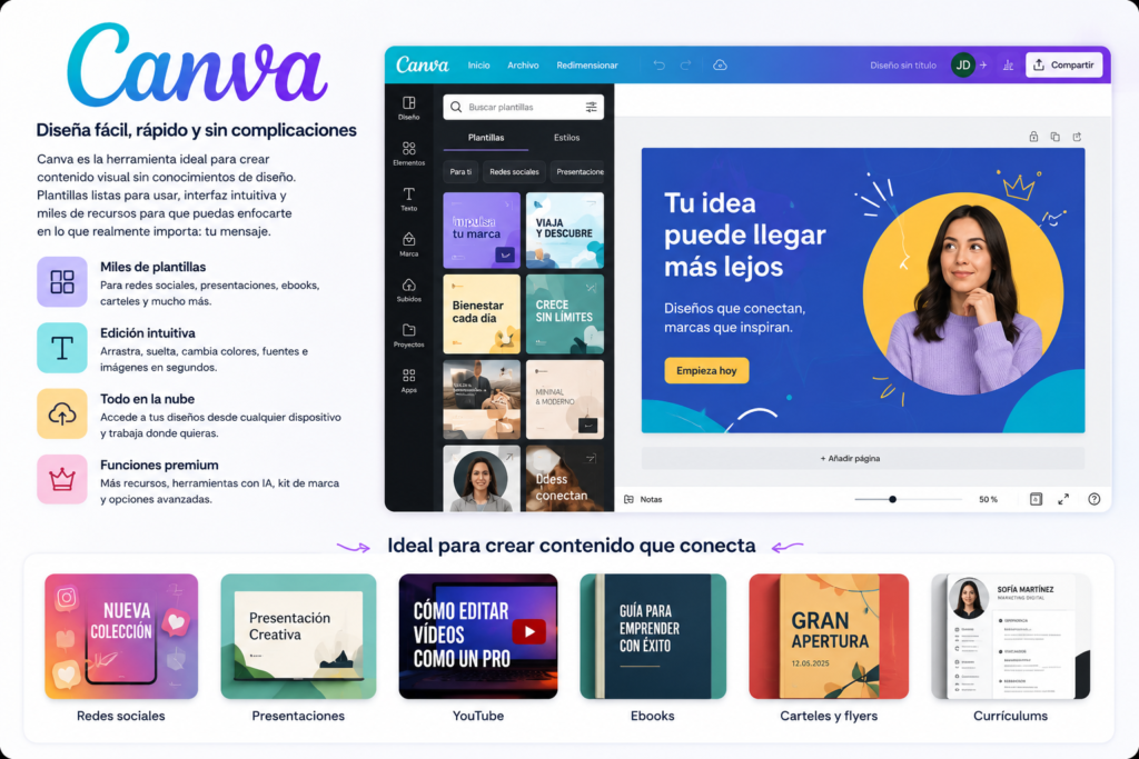 Interfaz de Canva mostrando herramientas de diseño, plantillas y opciones para crear contenido visual de forma rápida e intuitiva.