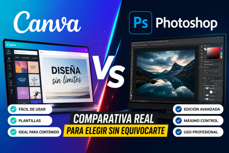 Canva vs Photoshop comparativa visual entre dos herramientas de diseño para crear contenido, editar imágenes y trabajo digital.
