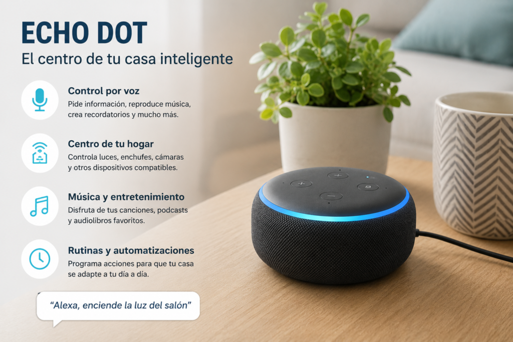 Amazon Echo Dot sobre mesa de madera en un salón moderno mostrando control por voz con Alexa, automatización del hogar y gestión de dispositivos inteligentes compatibles.