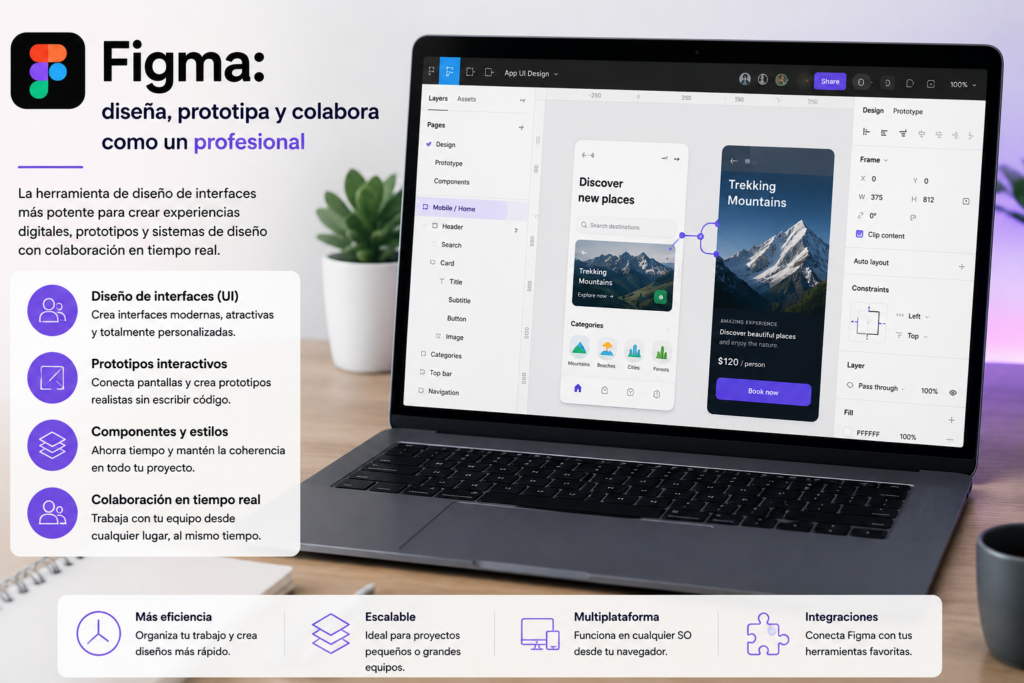persona diseñando interfaces, wireframes y prototipos profesionales en Figma desde ordenador para diseño web y trabajo digital