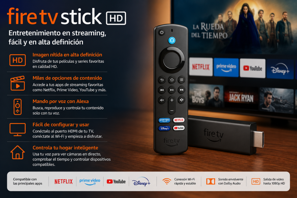 Amazon Fire TV Stick HD conectado a un televisor mostrando acceso a plataformas de streaming, control por voz con Alexa y entretenimiento multimedia para una casa inteligente.