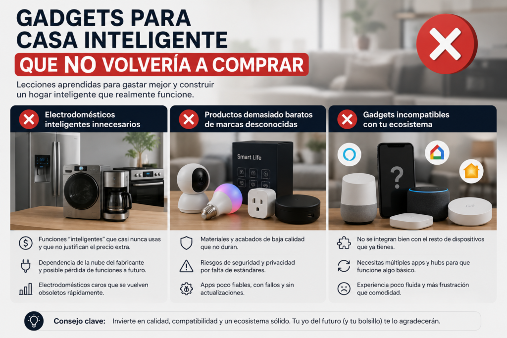 Comparativa de gadgets para casa inteligente poco recomendables mostrando electrodomésticos inteligentes innecesarios, dispositivos baratos de marcas desconocidas y productos incompatibles con Alexa o Google Home.