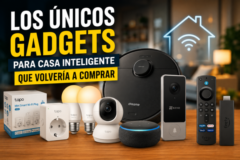 Selección de gadgets para casa inteligente mostrando Alexa, enchufes inteligentes, bombillas inteligentes, cámaras de seguridad, robot aspirador y Fire TV Stick para automatizar el hogar.